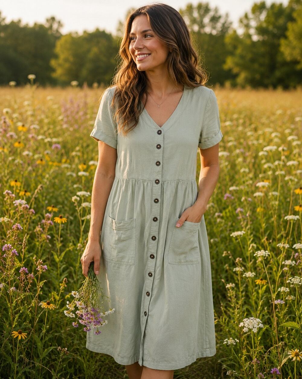 Sage Green Button Front  Cottagecore Prarie  Midi Dress - Small